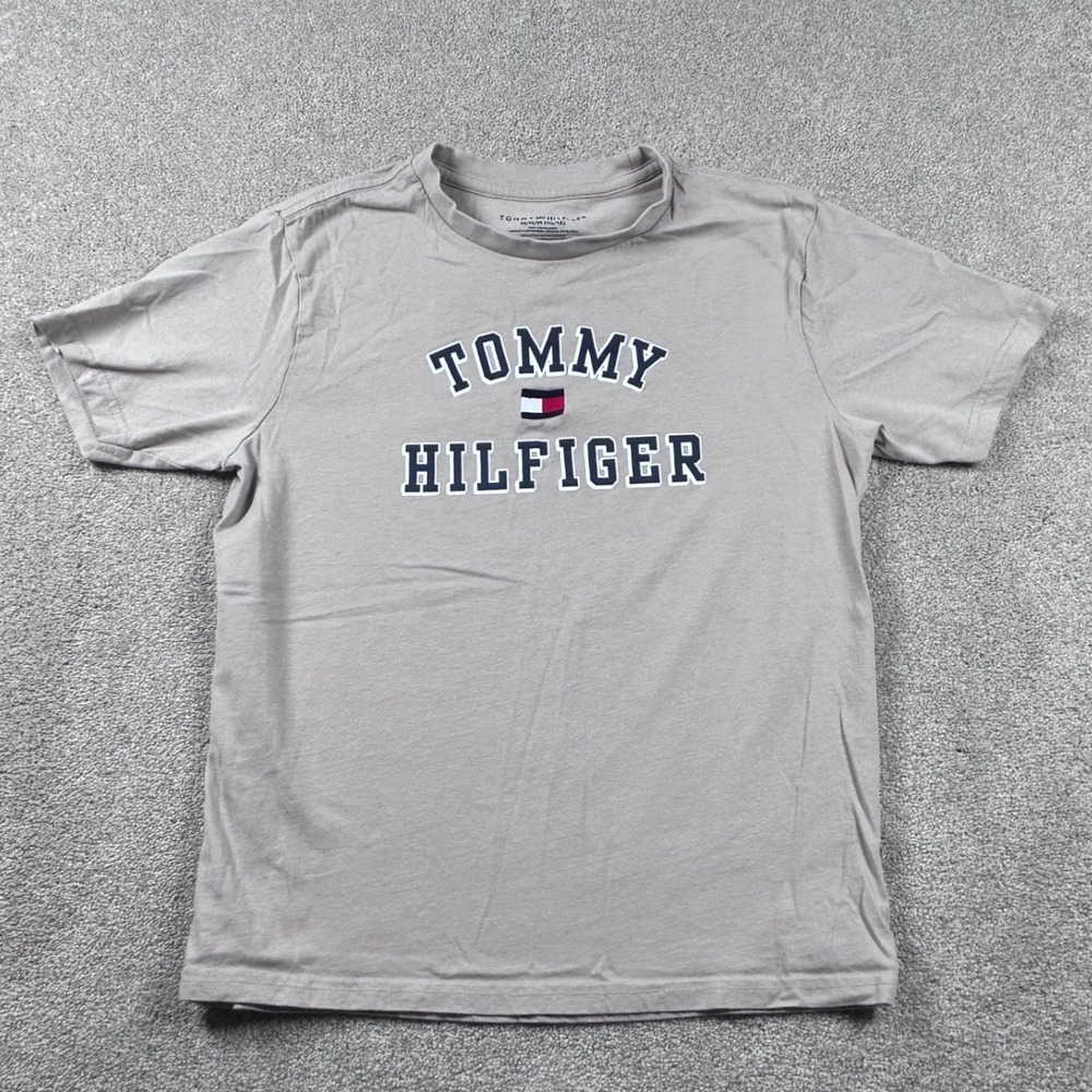 Tommy Hilfiger Boys Tan Beige Logo Graphic T-Shirt Size M 10-12 TBAHAG0F-18